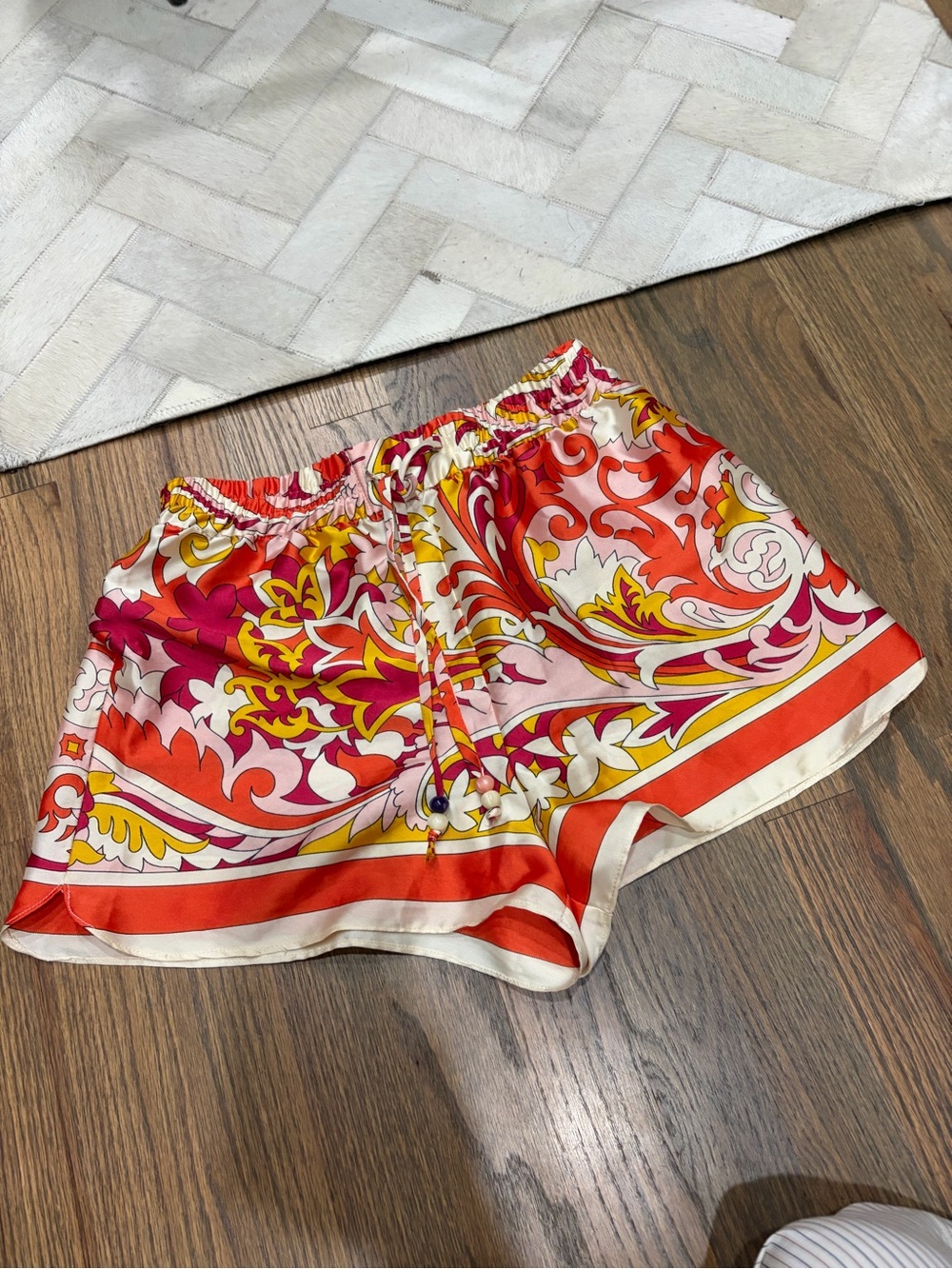 Zara Vibrant Floral-Scroll Athletic Shorts — Orange, Pink, Yellow, White